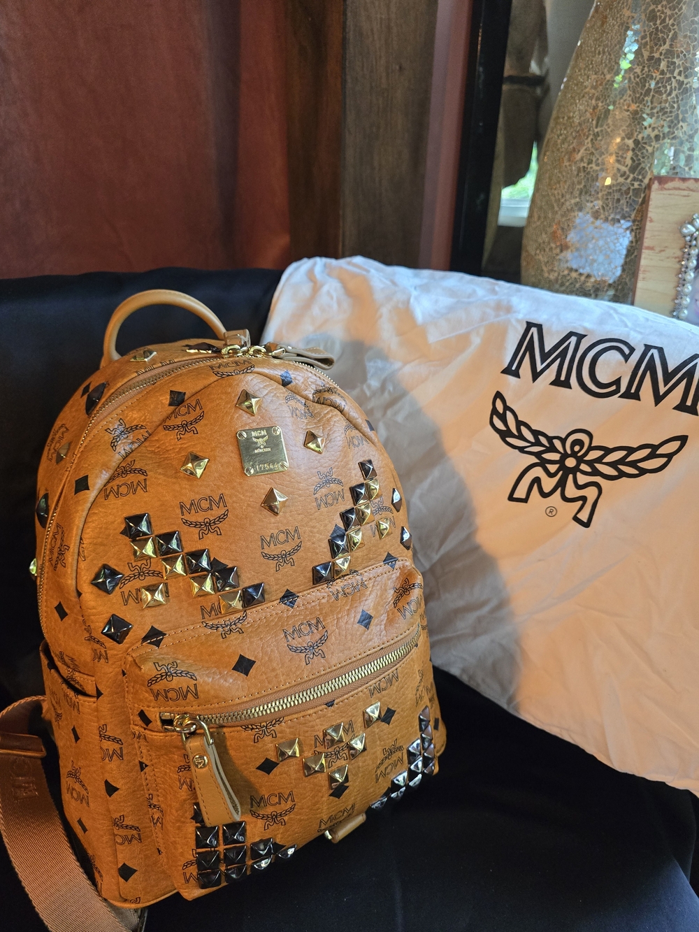 MCM Cognac Visetos Studded Mini Backpack